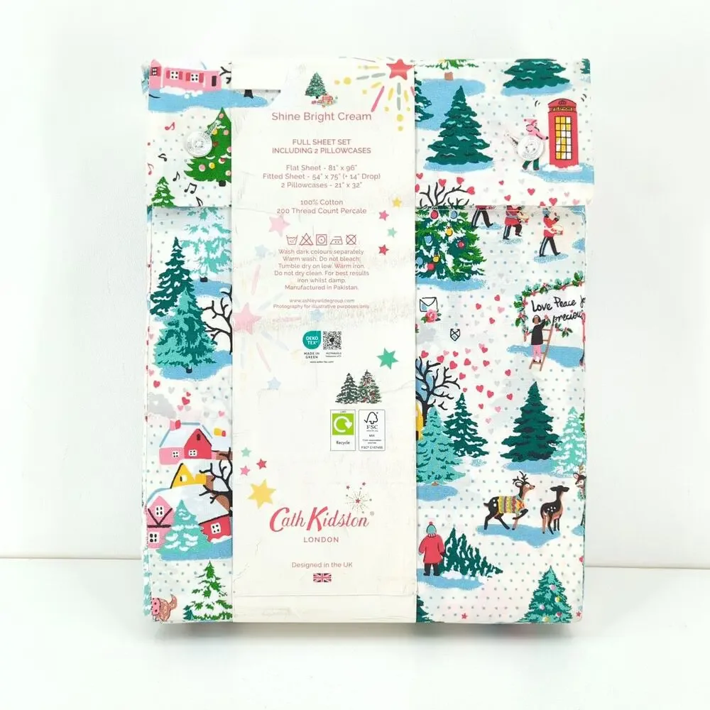 CATH KIDSTON Full Sheet Set Shine Bright Cream White Christmas Flat Fit Pillow